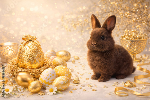 Cute brown Easter bunny sitting beside golden eggs in basket with glittering bokeh lights and daisy flowers, festive spring holiday celebration background for greeting card design