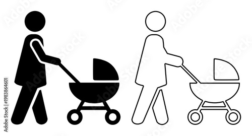 Woman with baby stroller icon pair in black, outlined and filled, childcare symbol. Ideal for parenting, or baby care design.