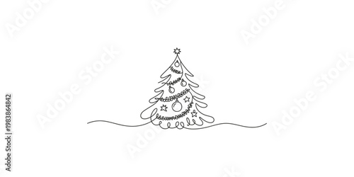 A simple line drawing of a decorated Christmas tree with ornaments and a star holiday