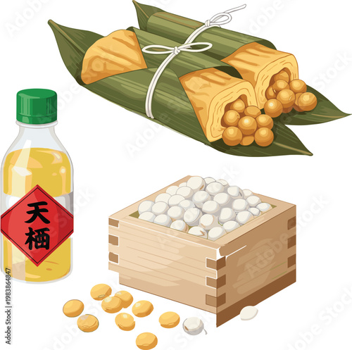 Traditional Asian Snacks Including Soybeans, Wrapped Rice Dumplings, and Plum Drink for Culinary, Food, and Cultural Illustrations