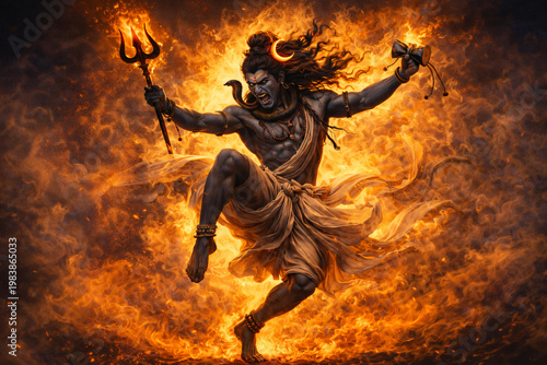 Lord Shiva performing fierce Tandava cosmic dance holding trishul with flowing hair surrounded by intense fire and flames, powerful Hindu deity mythology illustration for Maha Shivratri