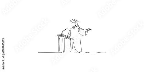 Graduate in cap and gown giving a speech at a podium with a microphone graduation
