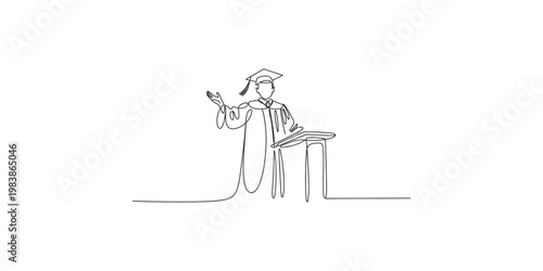 A graduate in cap and gown giving a speech at a podium formally adult