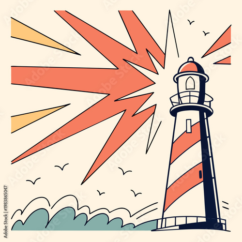 A cartoon lighthouse with red and white stripes emitting rays of light