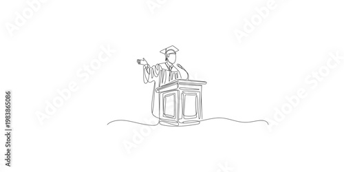 Graduate in cap and gown giving a speech from a podium adult attending school black