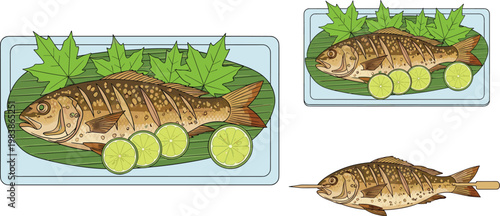 Grilled Fish with Lime and Herbs, Traditional Seafood Dish for Gourmet Meals, Healthy Cooking, and Culinary Illustrations