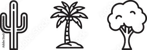 Diverse flora collection including cactus palm and deciduous trees in a minimalist vector style Isolated on white background