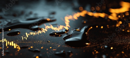 Close-Up of Black Crude Oil Surface with Subtle Glowing Financial Chart Lines Overlay, Dark Cinematic Background, Representing Oil Price Fluctuation and Global Market Trends Concept