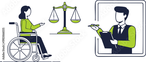Vector graphic illustration depicting a person in a wheelchair seeking legal assistance and justice from a lawyer.