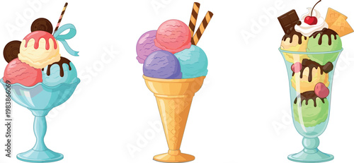 Ice Cream Sundae and Cone Collection with Toppings, Wafer, and Chocolate for Sweet Dessert Illustrations