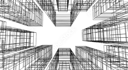 abstract wireframe architecture of skyscrapers looking up from below urban design concept