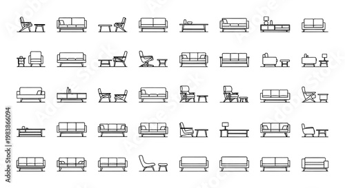 collection of modern furniture line art icons for interior design sofa armchair and table