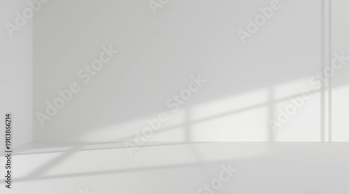 3D stimulate of white room interior and wood plank floor with sun light cast the arch window shadow on the wall,Perspective of minimal design architecture