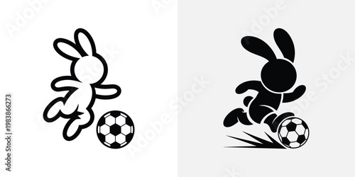 Black and white cartoon bunnies playing soccer rabbits