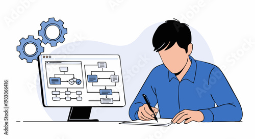 A professional man working on a project management workflow diagram on a computer, taking notes and planning process vector illustration.