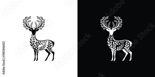 Black and white deer silhouettes with leafy antlers