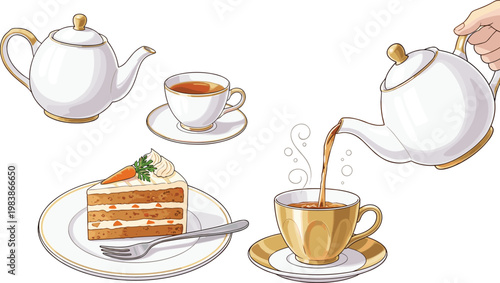 Elegant Teapot and Tea Cup Set with Carrot Cake Slice, Afternoon Tea, and Pastry Dessert for Restaurant Menus and Tea Service Designs