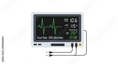 EKG Heart Rate Monitor Display Screen with Vital Signs and Heartbeat Line
