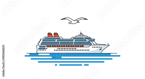 Modern cruise ship sailing on blue water, seagull flying above, isolated on white background