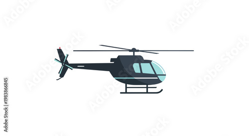 Sleek Black Helicopter Isolated on White Background Vector Illustration