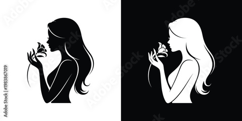 Black and white silhouettes of women smelling flowers 1