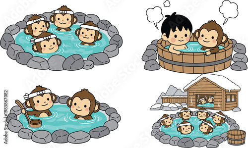 Cartoon Monkeys Relaxing in Hot Springs, Traditional Onsen Bath with Snow and Natural Water, Japanese Culture and Wellness Designs