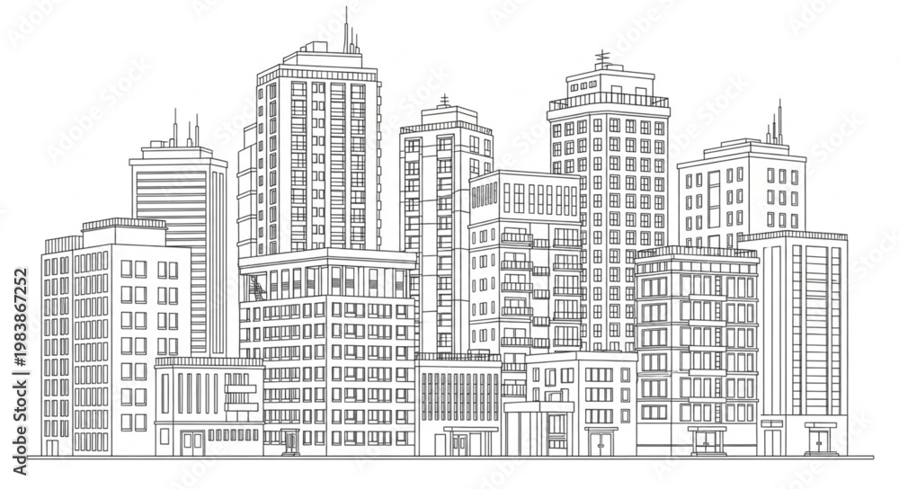 Fototapeta premium Cityscape Drawing of Tall Buildings and Skyscrapers.