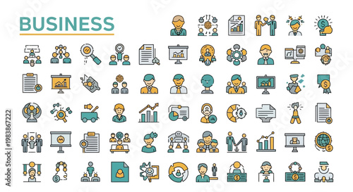 Colorful business icons depicting teamwork data analysis and strategic planning