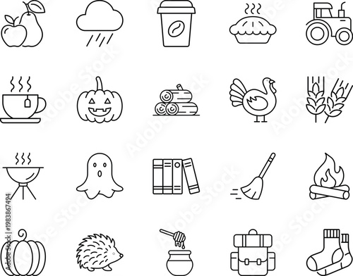 Autumn season vector icon set, pumpkin, turkey, coffee, tea, campfire, rain, apple