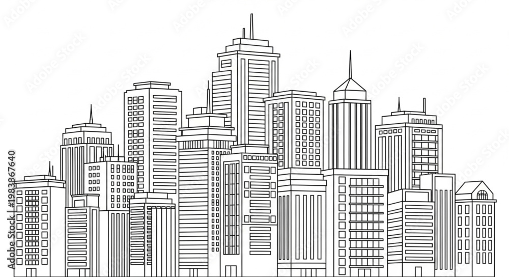 Fototapeta premium Cityscape illustration with tall buildings and skyscrapers.