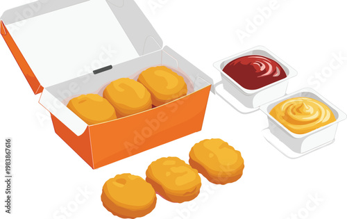 Delicious Chicken Nuggets with Dipping Sauces in Takeout Box, Fast Food Meal, Crispy Snack for Restaurants and Menu Designs