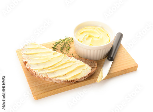 Wooden board with bread sli...