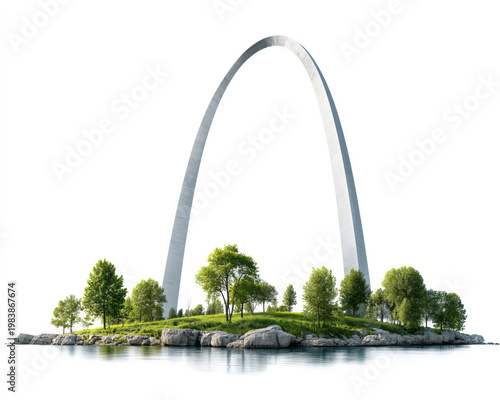 Surreal 3D render of the St. Louis Gateway Arch on a lush rocky island isolated on white background created with Generative AI Technology, ai, generative