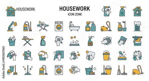 Colorful housework icon set depicting various cleaning tasks and supplies