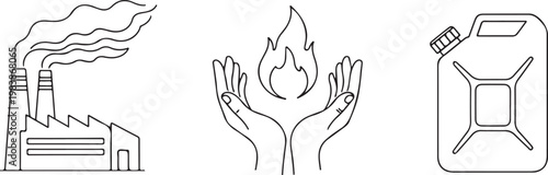 Industrial pollution factory with hands holding flame and fuel canister vector icon Isolated on white background