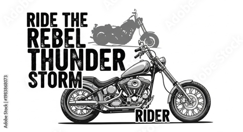 Classic Chopper Motorcycle with Rebel Thunder Storm Graphic.