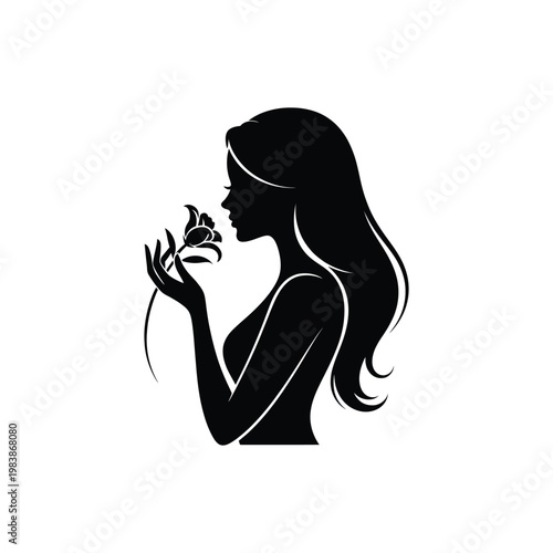 Black silhouette woman smelling flower white background