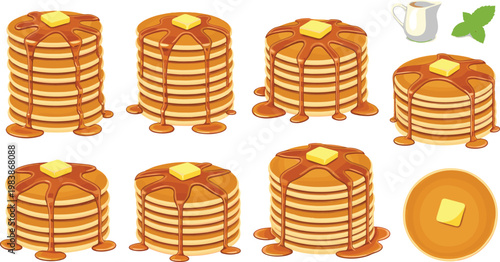 Delicious Stack of Pancakes with Syrup and Butter, Breakfast Dish with Mint and Syrup Jar for Restaurant Menus and Food Designs