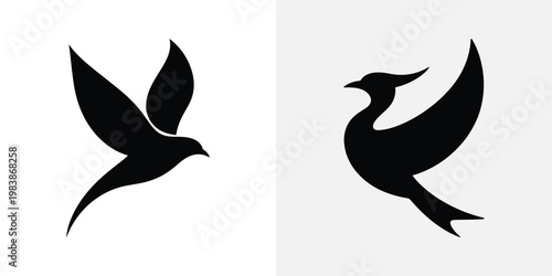 Black silhouettes of two stylized birds in flight white background