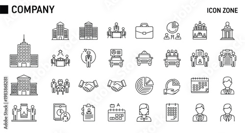 Collection of business icons depicting buildings people and corporate concepts