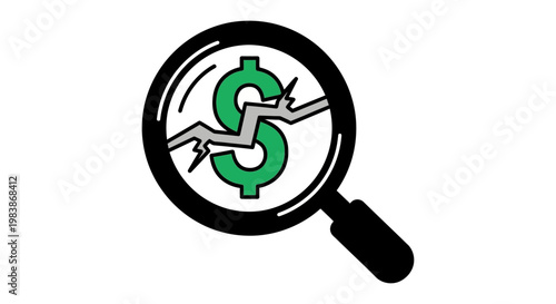 magnifying glass examines a cracked dollar sign symbolizing financial crisis economic recession and money problems for market analysis.