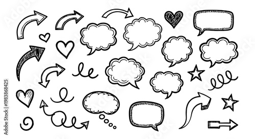 black and white hand-drawn doodle icons of speech bubbles arrows and hearts