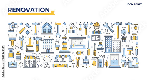 Renovation themed illustration featuring tools buildings and a worker