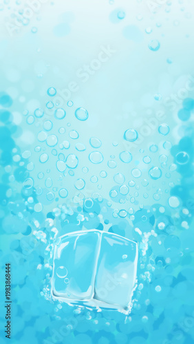 サイダーの炭酸泡と氷の清涼感のある背景イラスト