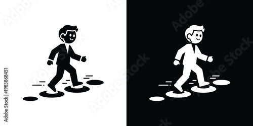 Cartoon man walking through puddles in black and white