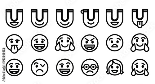 Collection of emoticon faces and horseshoe symbols in black outline on white background for design