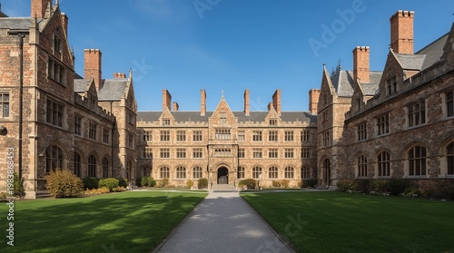 entrance to old ivy covered gothic stone college building with fall colors