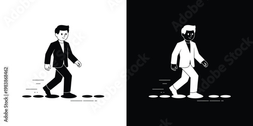 Cartoon men in suits stepping on footprints black and white