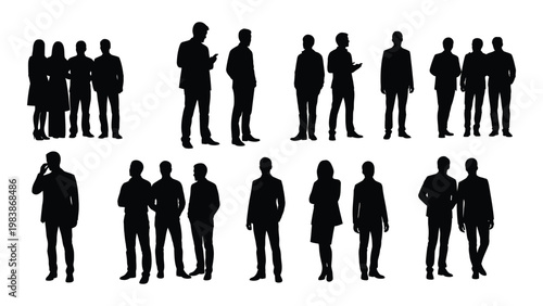 A collection of diverse silhouetted figures including individuals and pairs standing in various poses high quality