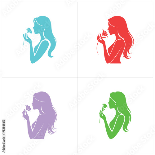 Colorful silhouettes of women smelling flowers woman 1